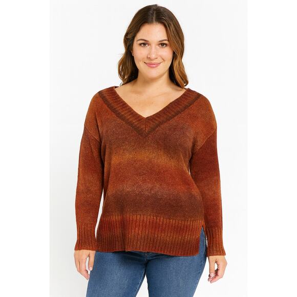 NWT A.N.A Women’s Red Brown Orange Ombre V-Neck Pullover Sweater Size Medium - Picture 1 of 7